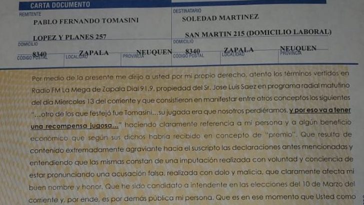 Zapala: Tomasini le iniciaría acciones legales por injurias a Soledad Martínez sino se retracta